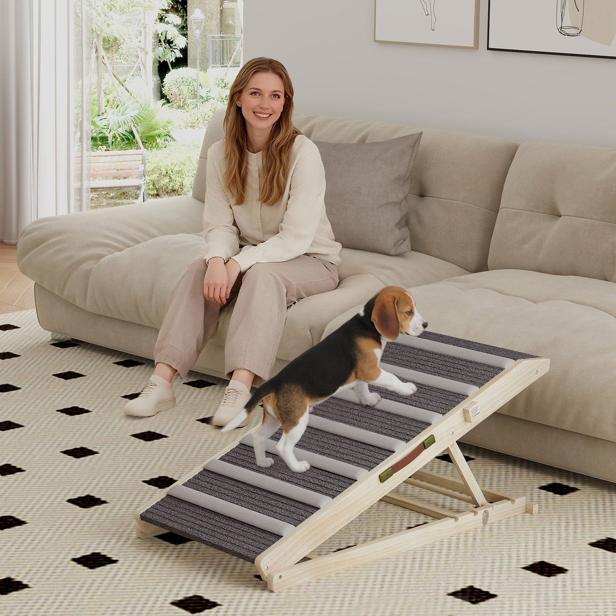 Pawhut dog ramp with light pine wood frame gray steps and red label adjustable folding pet ramp for couch climbing
