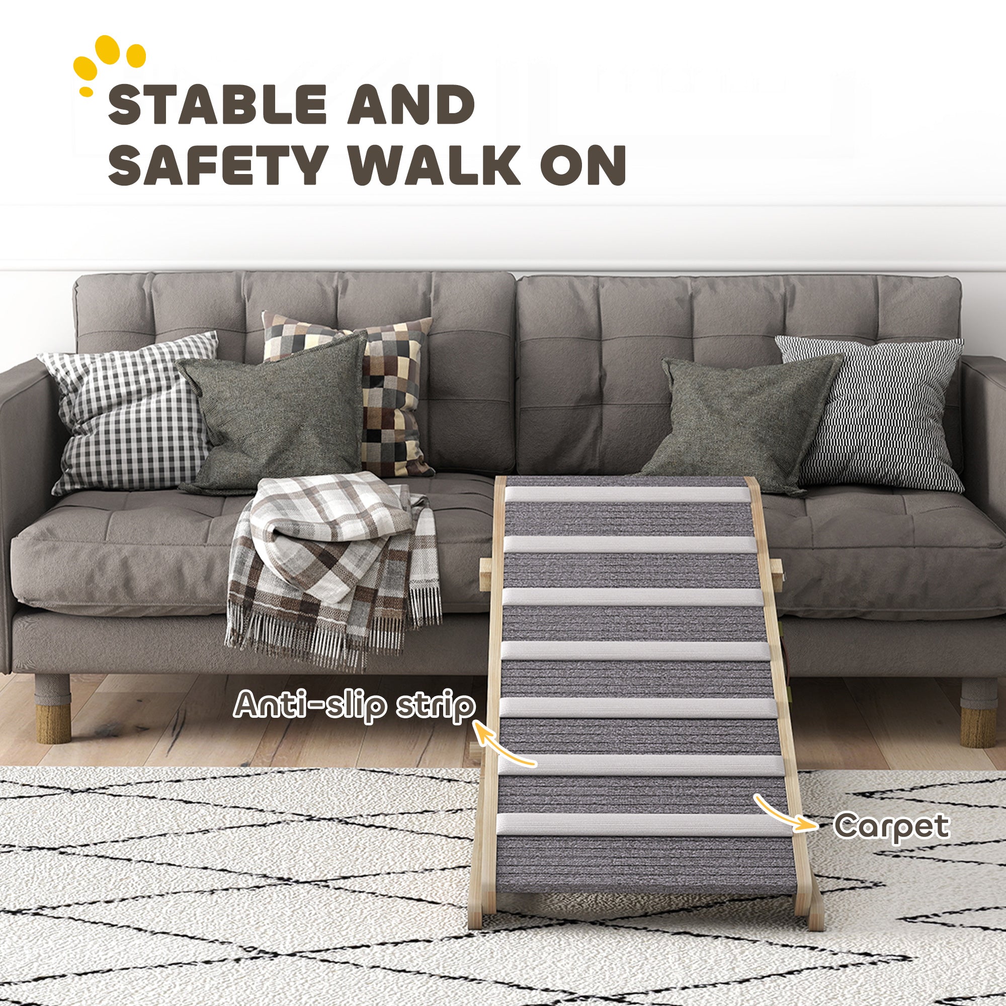 Gray and white striped pet ramp with pine wood sides adjustable folding dog ramp for couch climbing ladder