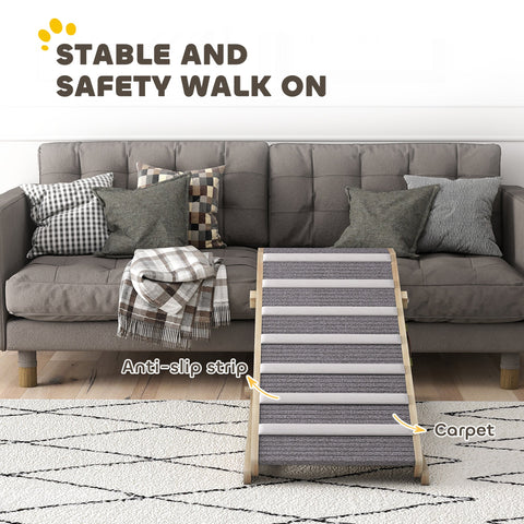 Gray and white striped pet ramp with pine wood sides adjustable folding dog ramp for couch climbing ladder
