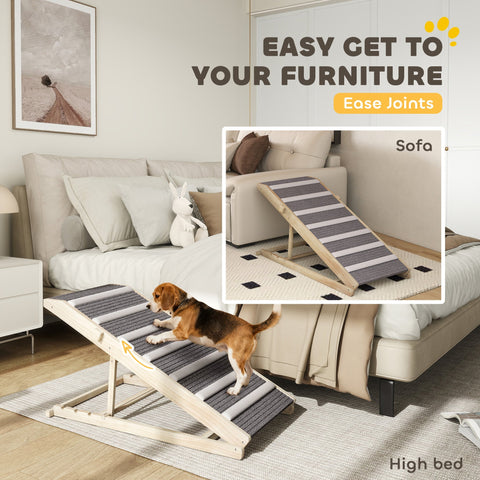Pawhut wooden dog ramp with gray and white striped surface made of pine wood for easy pet ramp access to couch
