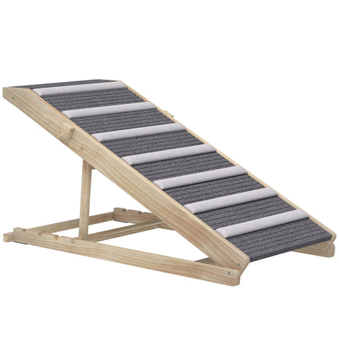 A wooden cat scratching post with slanted design and alternating dark and light gray strips made of pine wood pet ramp accessory