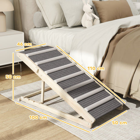Light pine wood framed pawhut dog ramp with gray white striped textured surface and adjustable folding design
