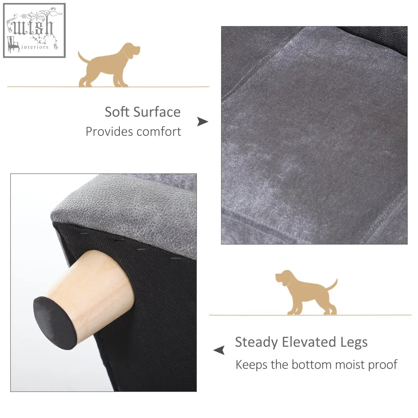 Gray plush cushioned pawhut dog sofa bed with wooden legs and anti slip rubber tips for small dogs and cats