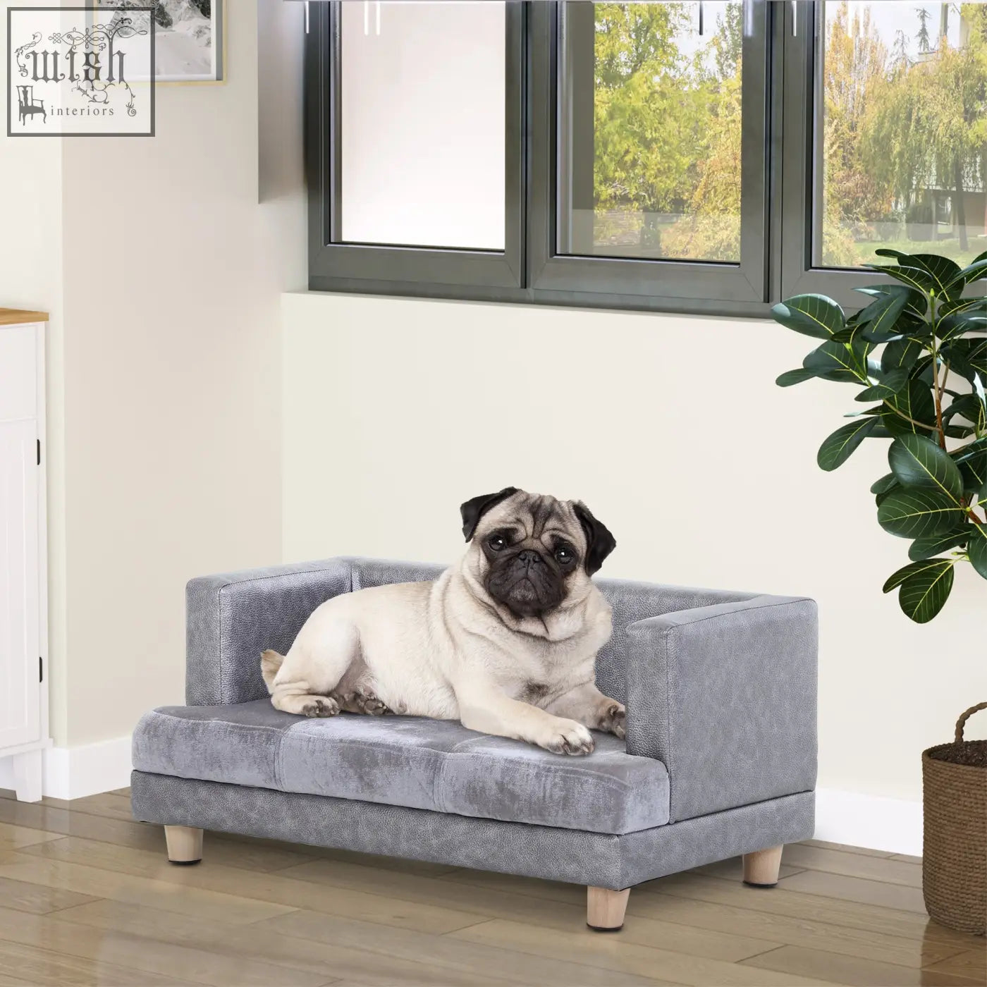 Gray velvet pawhut dog sofa bed with wooden legs and soft cushion for small dogs and cats with anti slip legs