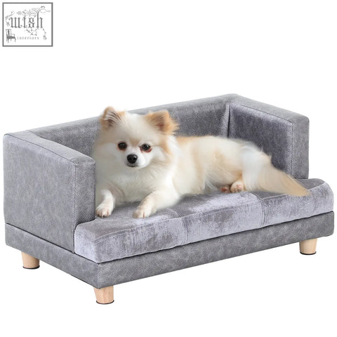 Gray velvet dog sofa bed with wooden legs and soft cushion by pawhut for small dogs and cats