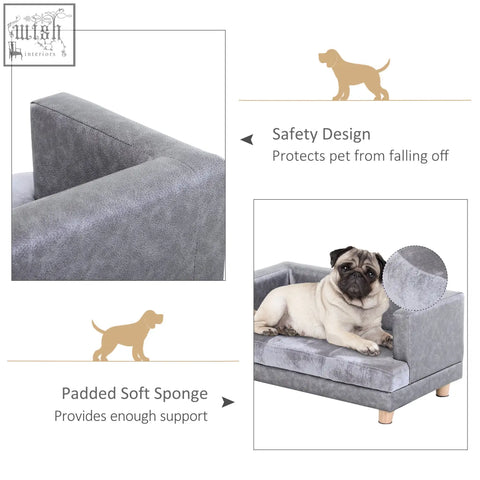 Gray pawhut dog sofa bed with padded soft sponge, pu cover, safety design, and anti slip legs for small dogs