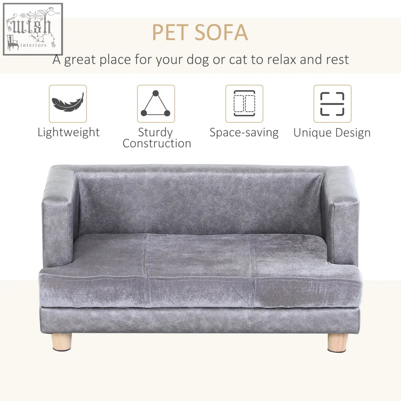 Gray velvet pawhut dog sofa bed with wooden legs soft cushion and pu cover for small-sized dogs and cats