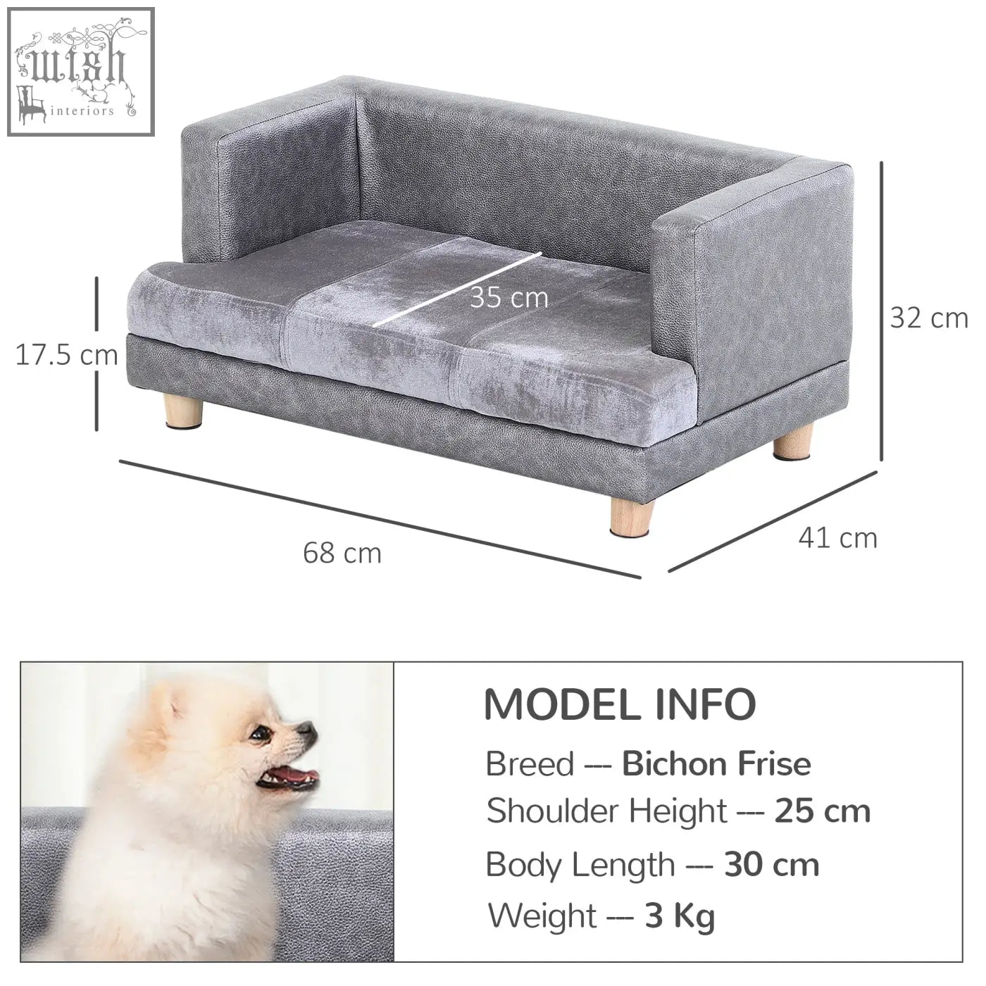 Gray velvet dog sofa bed with wooden legs and soft cushion by pawhut for small dogs and cats with anti-slip legs