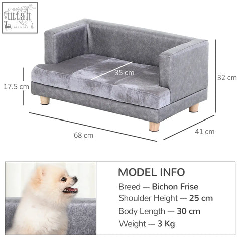 Gray velvet dog sofa bed with wooden legs and soft cushion by pawhut for small dogs and cats with anti-slip legs