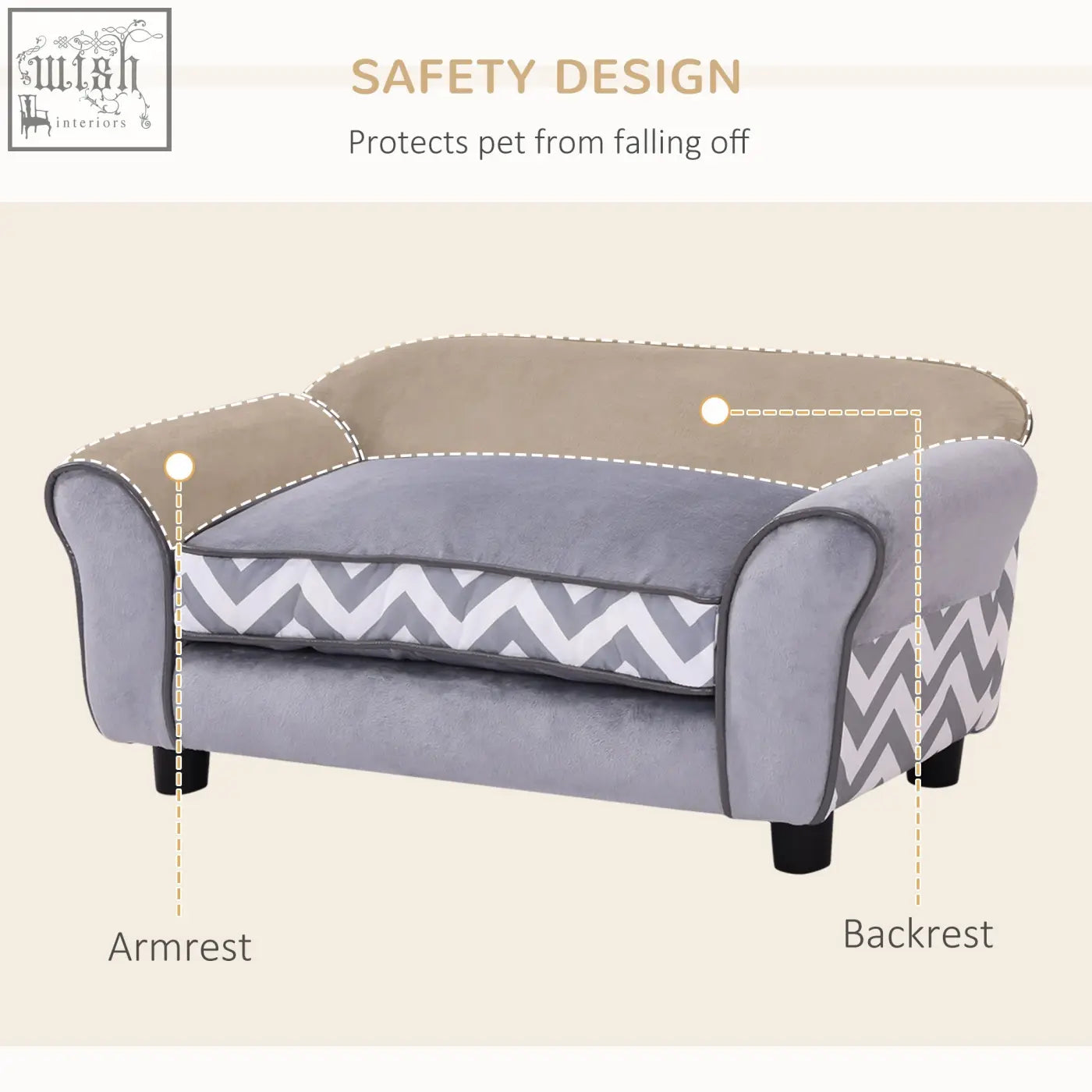 Gray and beige chevron patterned pawhut pet sofa with plush fabric upholstery and wooden frame for small pets