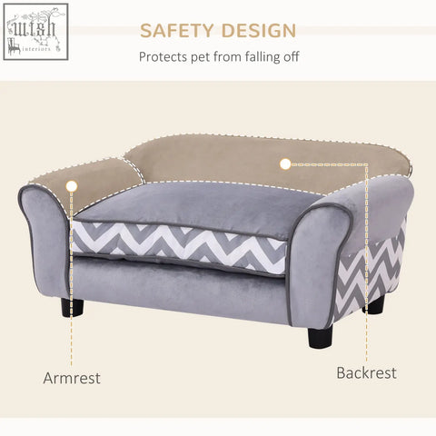 Gray and beige chevron patterned pawhut pet sofa with plush fabric upholstery and wooden frame for small pets