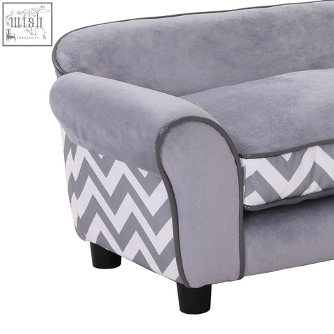 Gray pawhut pet sofa with chevron pattern sides wooden frame soft cushion and removable legs for small pets