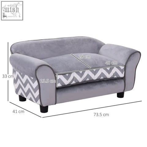 Gray pawhut pet sofa with white zigzag lower front panel wooden frame black legs for xs small pets
