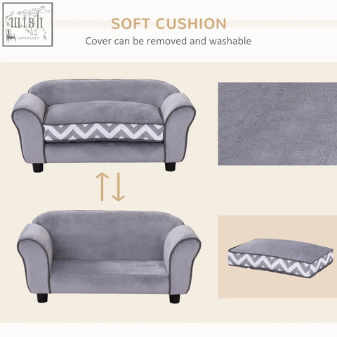 Gray pawhut pet sofa for xs dogs with removable washable cover white zigzag wooden frame soft cushion