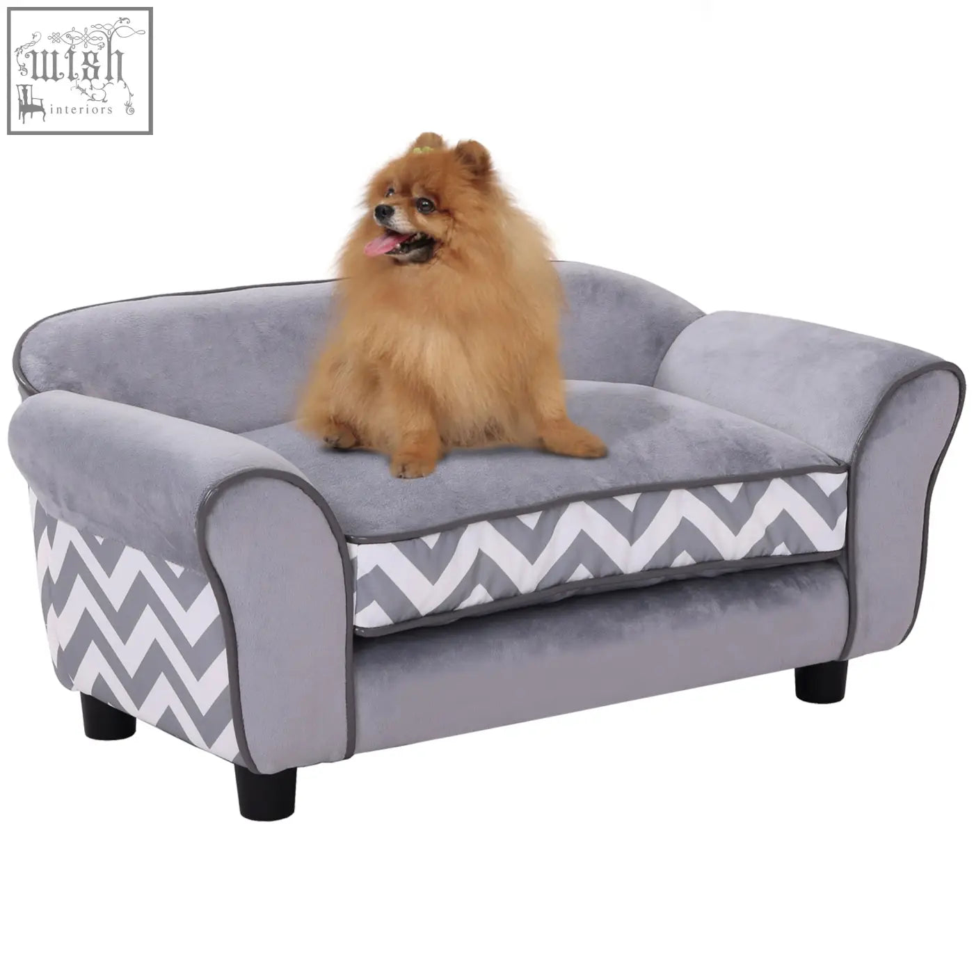 Gray velvet pawhut pet sofa for xs dogs with white and gray zigzag trim and sturdy wooden frame