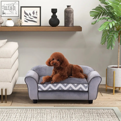 Gray velvet pawhut pet sofa with wooden frame and gray white chevron cushion for xs sized dogs and cats