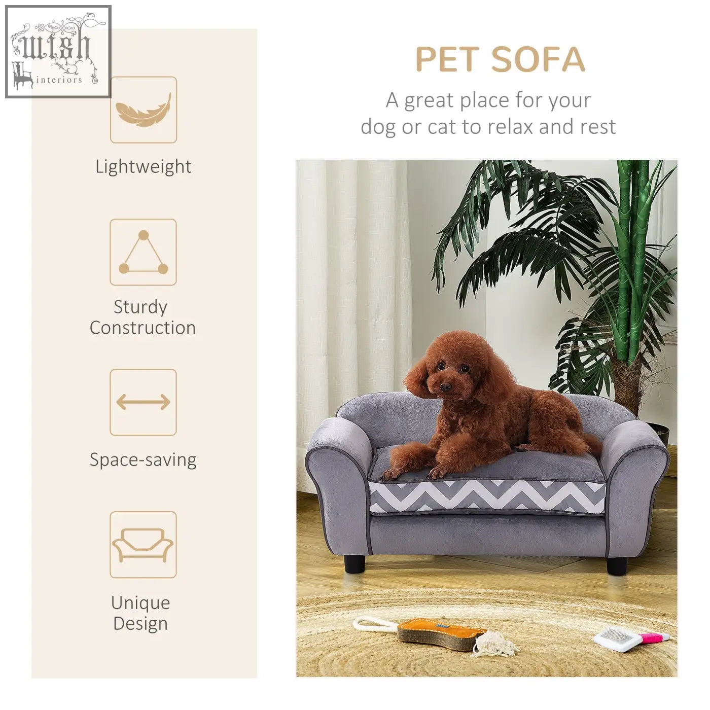 Gray pawhut pet sofa with wooden frame and chevron cushion featuring plush fabric and elegant armrests for small pets