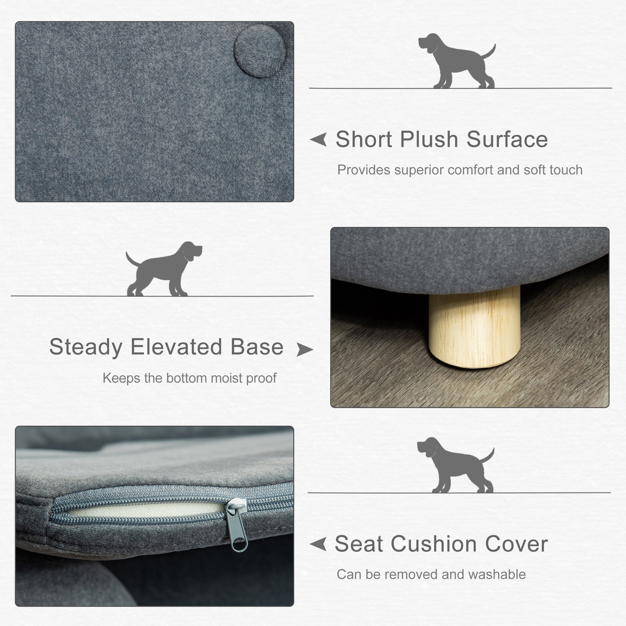 Gray pawhut dog sofa bed with soft plush surface and solid wooden frame with light wood legs for mini dogs