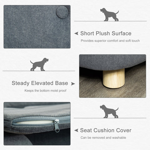 Gray pawhut dog sofa bed with soft plush surface and solid wooden frame with light wood legs for mini dogs