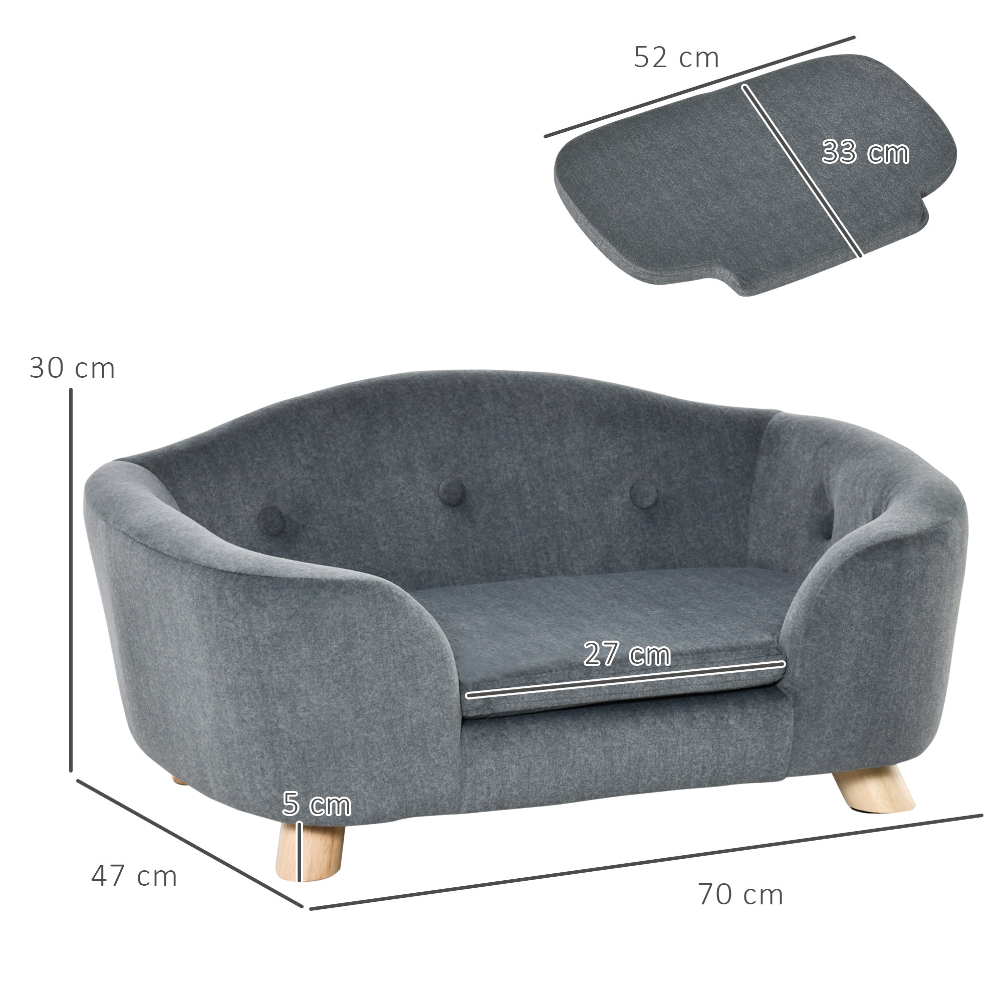 Gray upholstered pawhut dog sofa with tufted backrest, soft cushion, and solid wooden frame for mini dogs