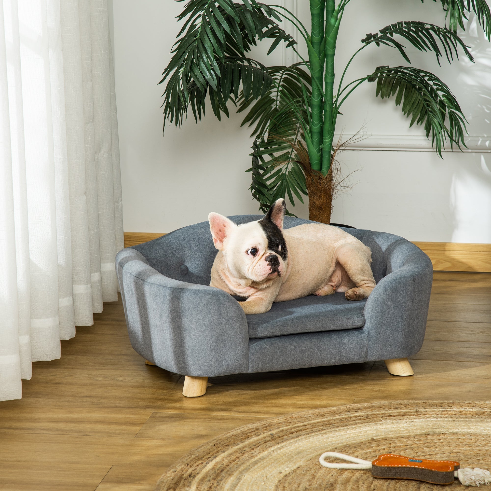 Gray upholstered pawhut dog sofa bed with soft cushion and solid wooden frame for mini size dogs