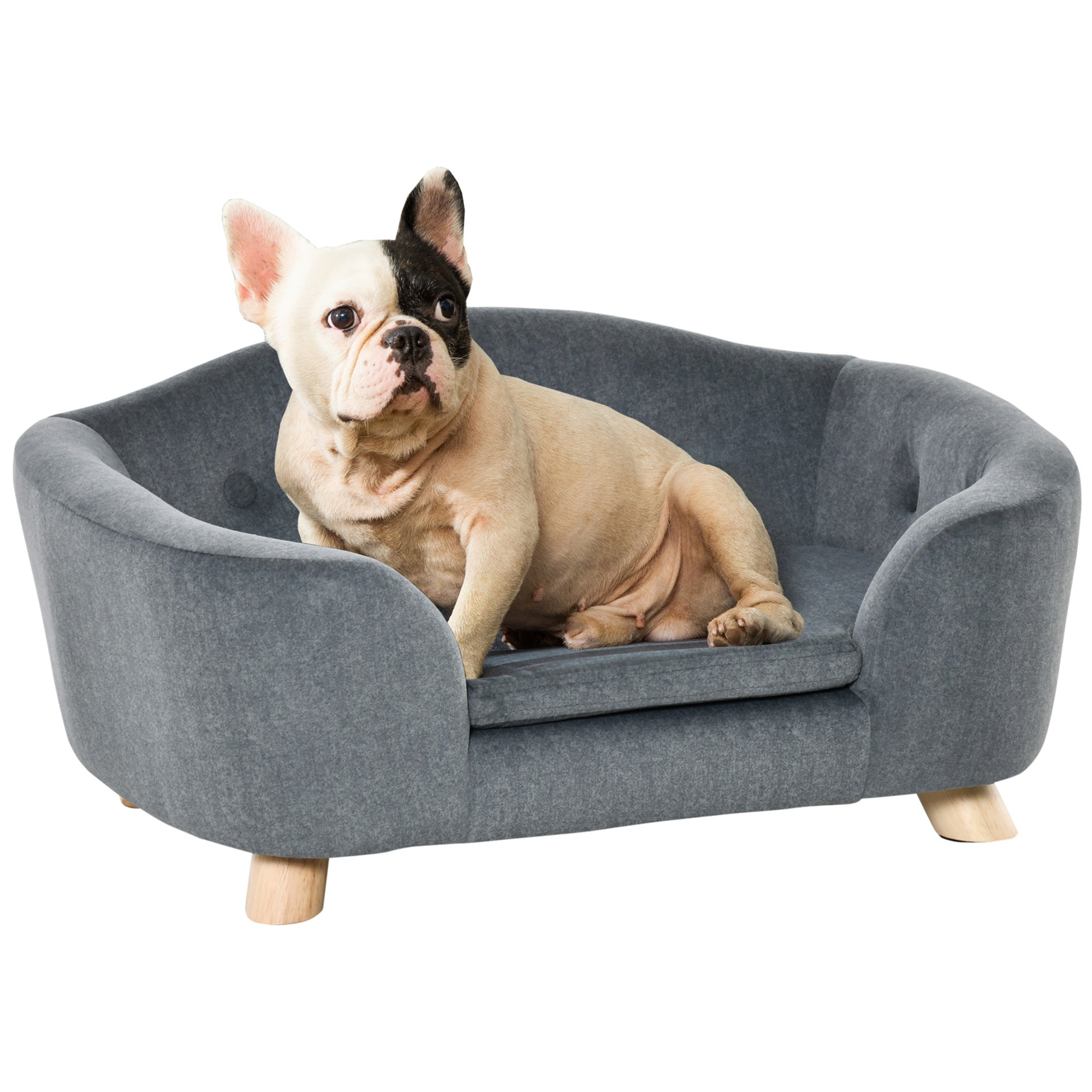 Gray upholstered pawhut dog sofa bed with soft cushion and solid wooden frame for mini size dogs