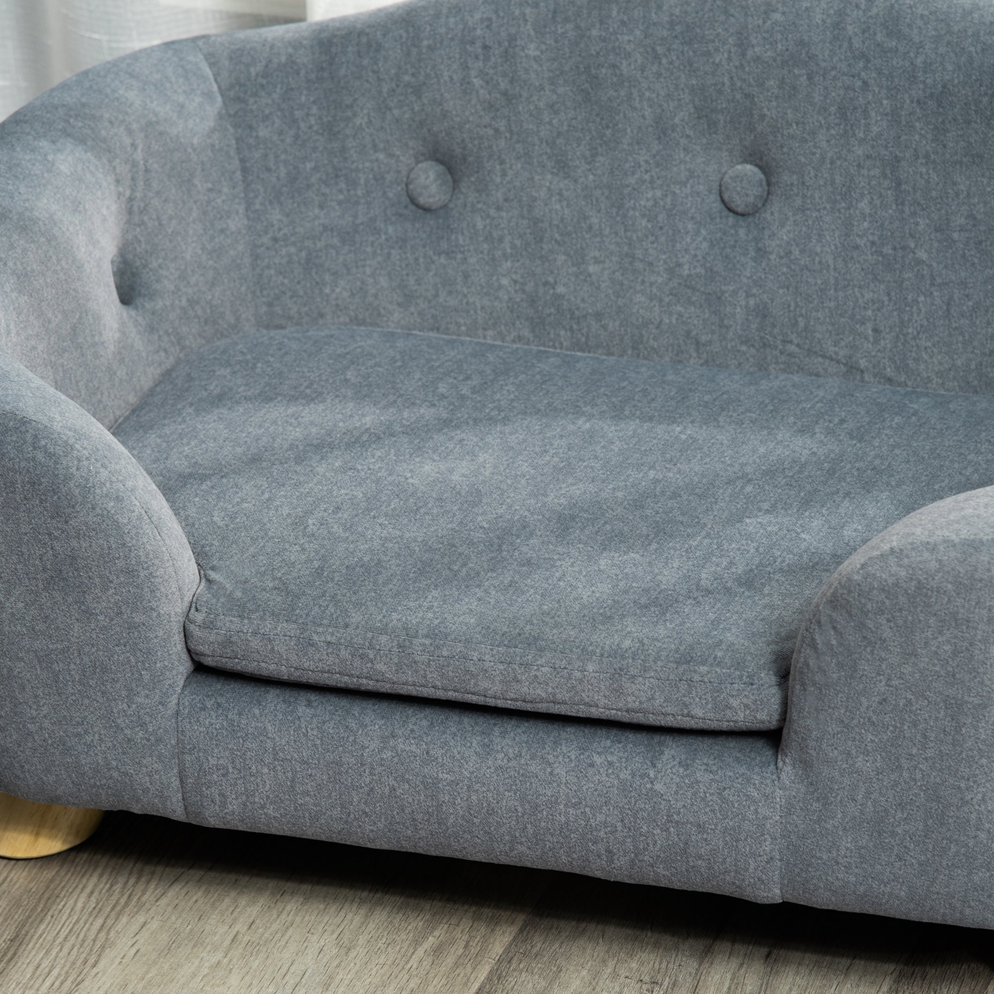 Gray tufted fabric pet bed with rounded arms and solid wooden frame perfect for mini dogs and kittens lounge
