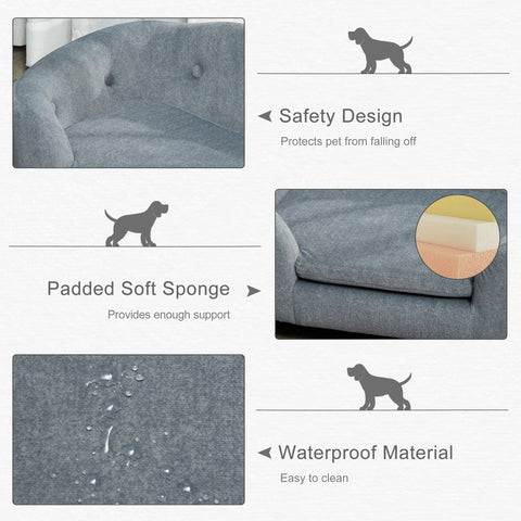 Gray textured fabric pet sofa with solid wooden frame padded with soft sponge and water resistant material for small dogs