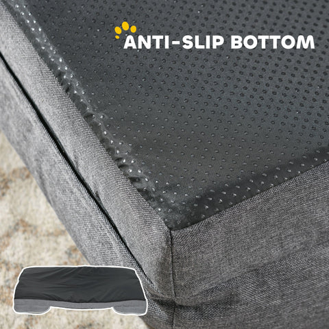 Gray textured PawHut dog sofa bed with black non slip bottom featuring raised dots for grip and washable cover
