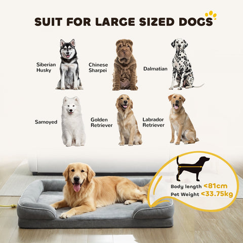 Gray pawhut dog sofa bed with supportive raised edges and soft gel memory foam cushioning for large dogs