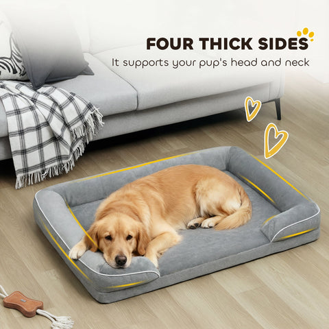 Gray pawhut dog sofa bed with gel memory foam thick sides yellow piping washable cover non slip bottom
