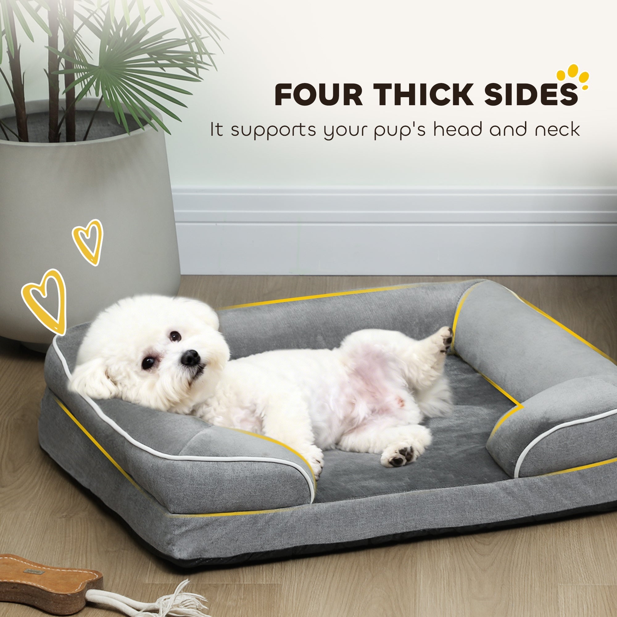 Gray pawhut dog sofa bed with yellow trim washable cover gel memory foam and non slip bottom for small pets