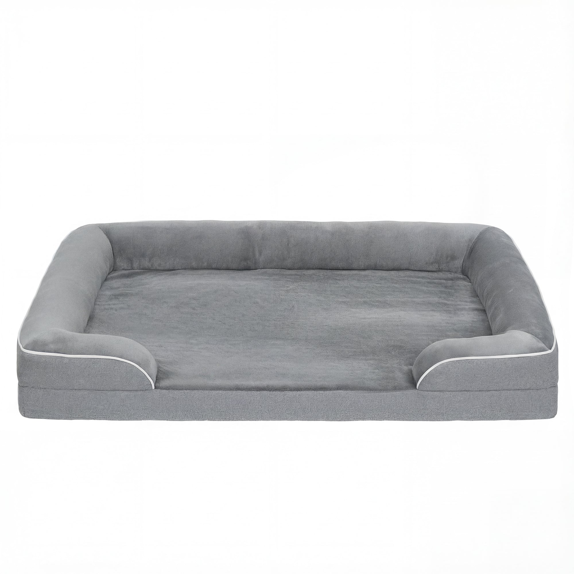 Gray pawhut dog sofa bed with soft cushioned sides white piping washable cover and gel memory foam for pets