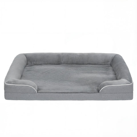 Gray pawhut dog sofa bed with soft cushioned sides white piping washable cover and gel memory foam for pets