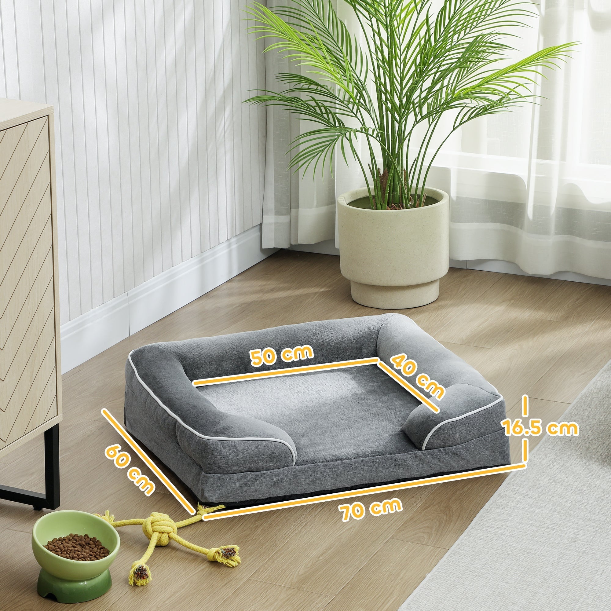 Gray pawhut dog sofa bed with white piping raised edges washable cover and gel memory foam for small pets