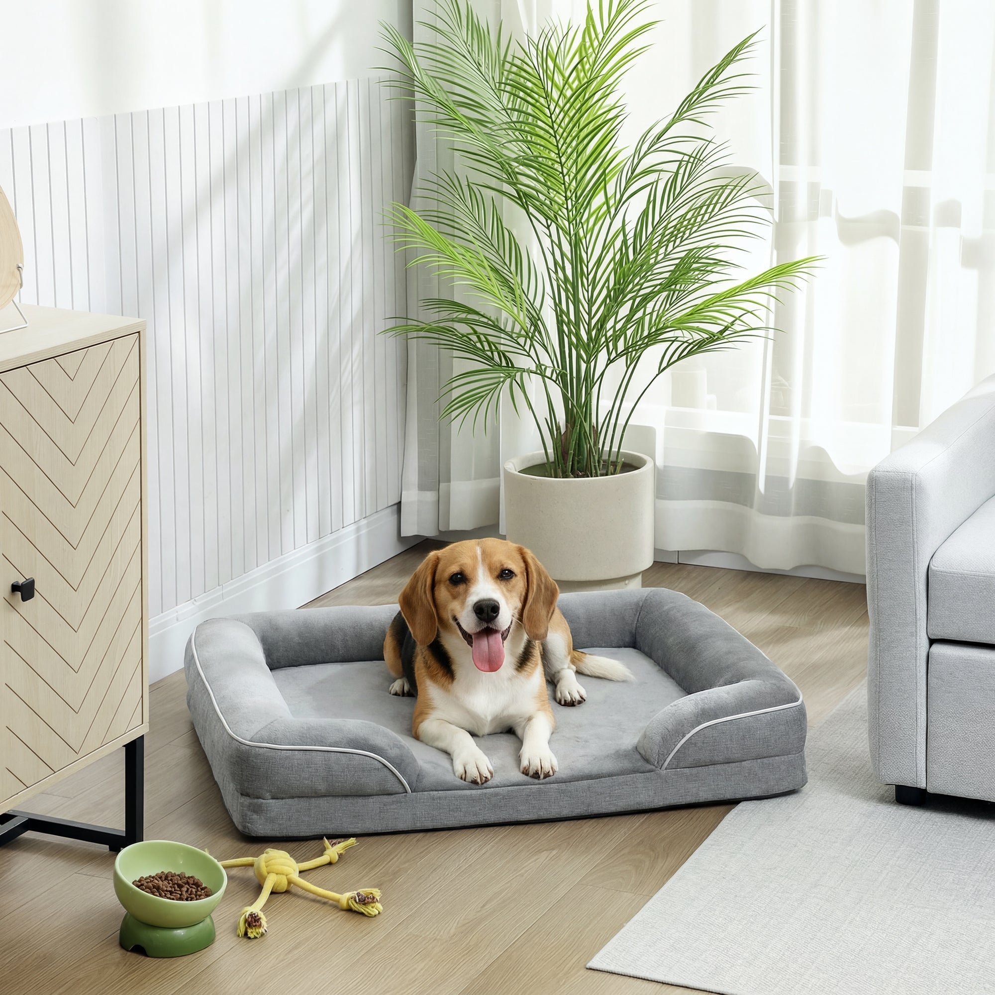 Gray pawhut dog sofa bed with soft cushioning, washable cover, non-slip bottom, and cooling gel memory foam