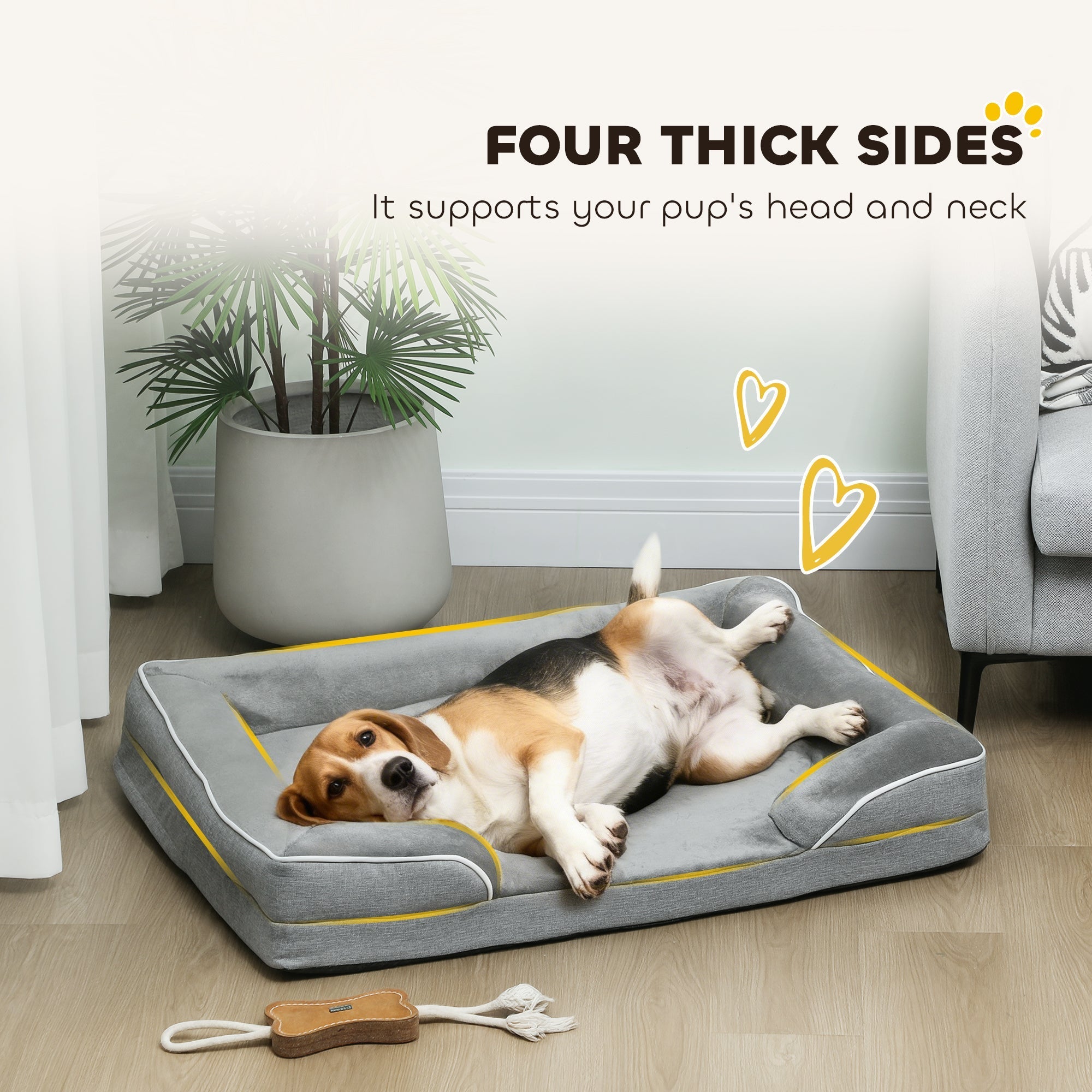 Gray pawhut dog sofa bed with yellow trim thick sides for head neck support washable cover non slip bottom