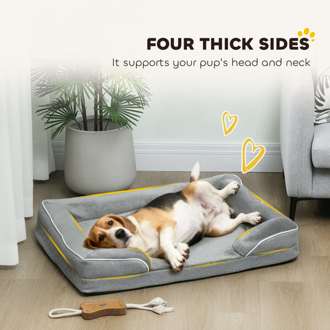Gray pawhut dog sofa bed with yellow trim thick sides for head neck support washable cover non slip bottom