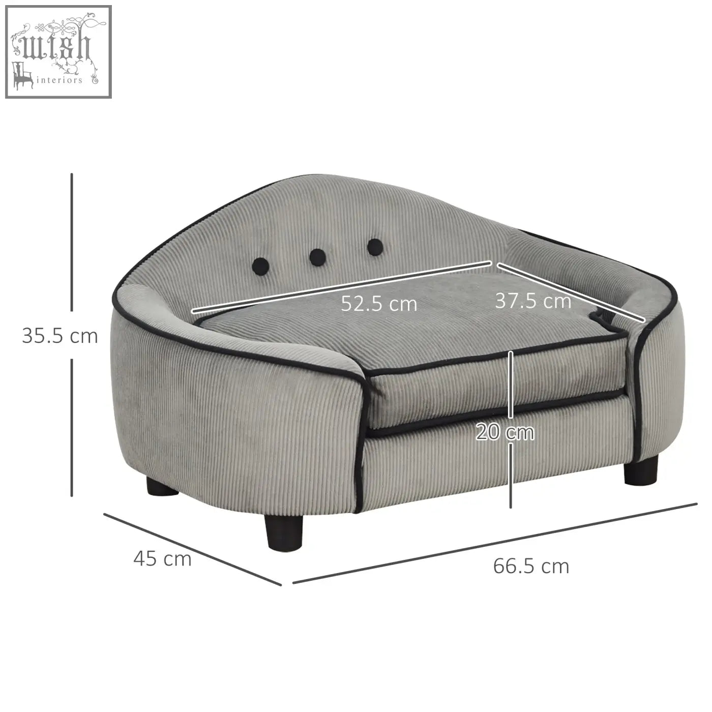 Gray corduroy pawhut pet sofa with black piping, soft cushion, three buttons on back for small dogs and cats