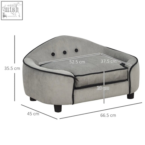 Gray corduroy pawhut pet sofa with black piping, soft cushion, three buttons on back for small dogs and cats