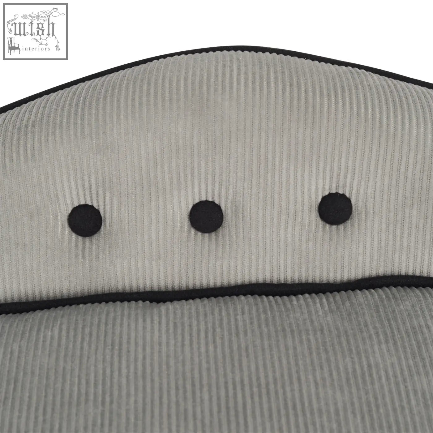 Back of grey pawhut pet sofa showing gray corduroy with black piping, three black buttons, and soft cushion design