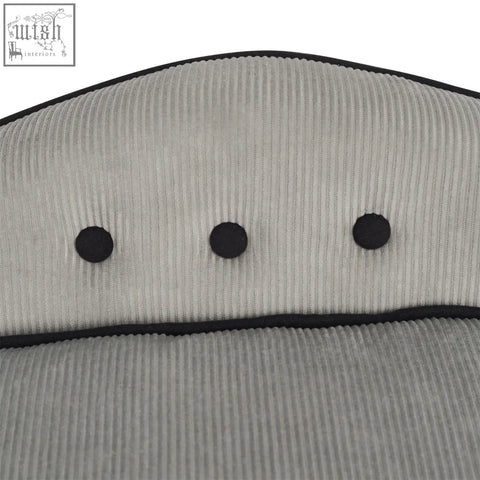Back of grey pawhut pet sofa showing gray corduroy with black piping, three black buttons, and soft cushion design