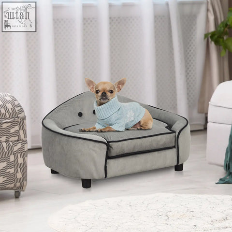 Gray pawhut dog sofa with soft cushion black piping small buttons corduroy pet bed for xs s dogs