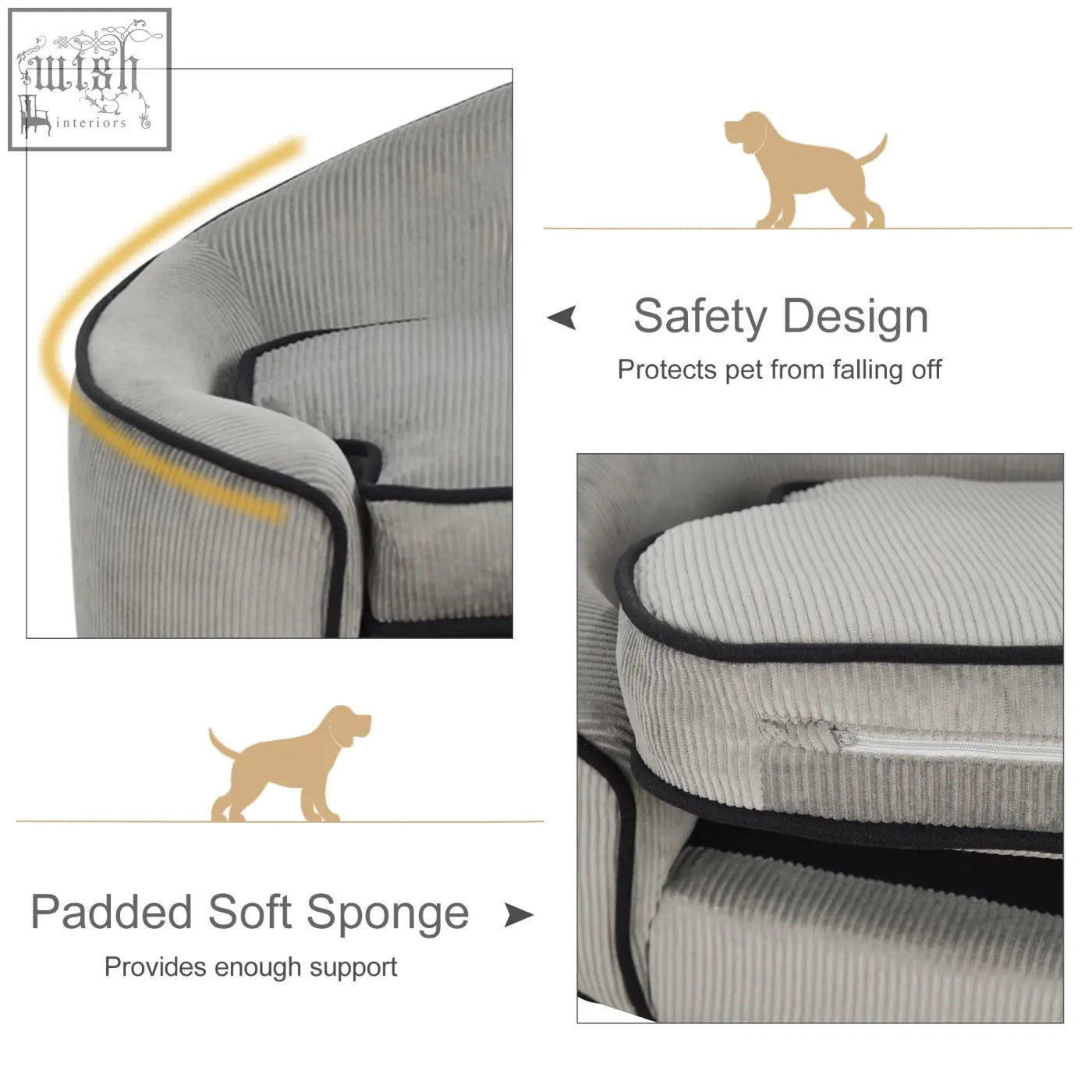 Gray pawhut dog sofa with black piping and soft cushion, corduroy fabric, wooden frame, perfect for small pets