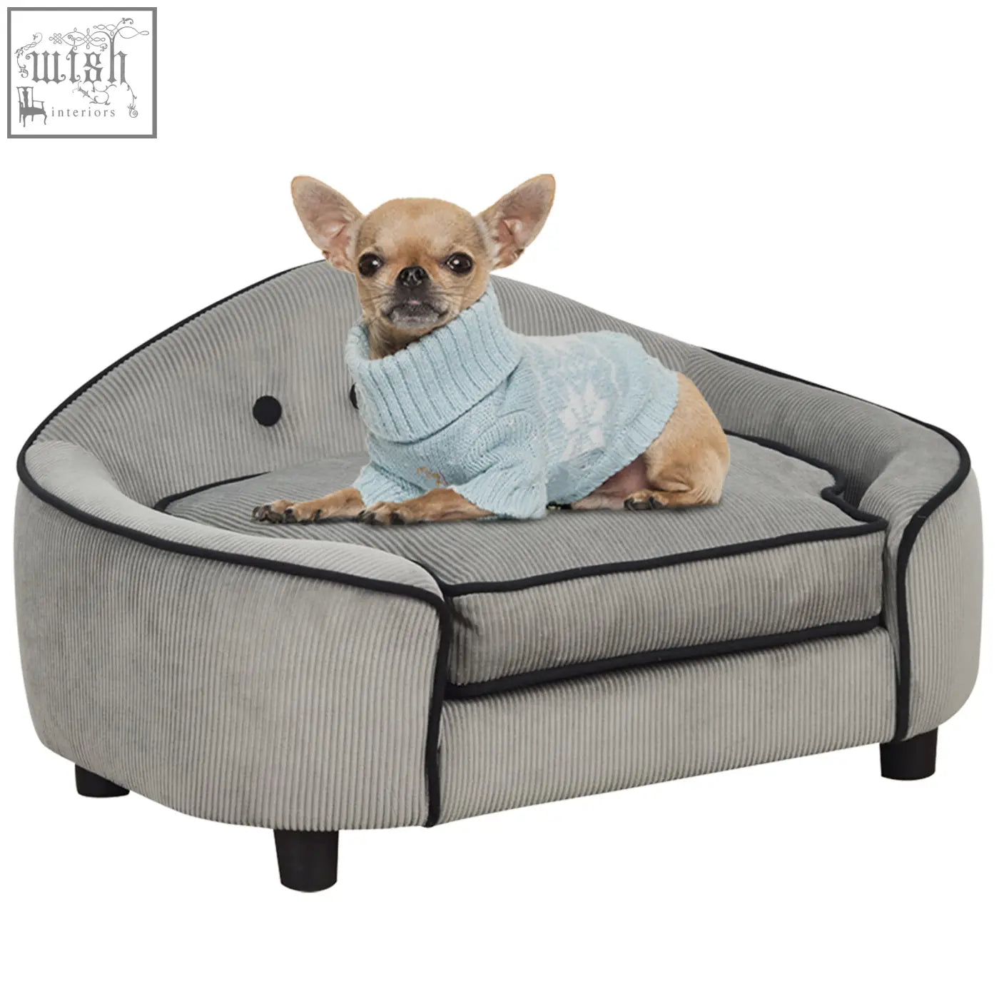 Gray corduroy pawhut pet sofa with black piping, soft cushion, wooden frame, and washable cover for small dogs
