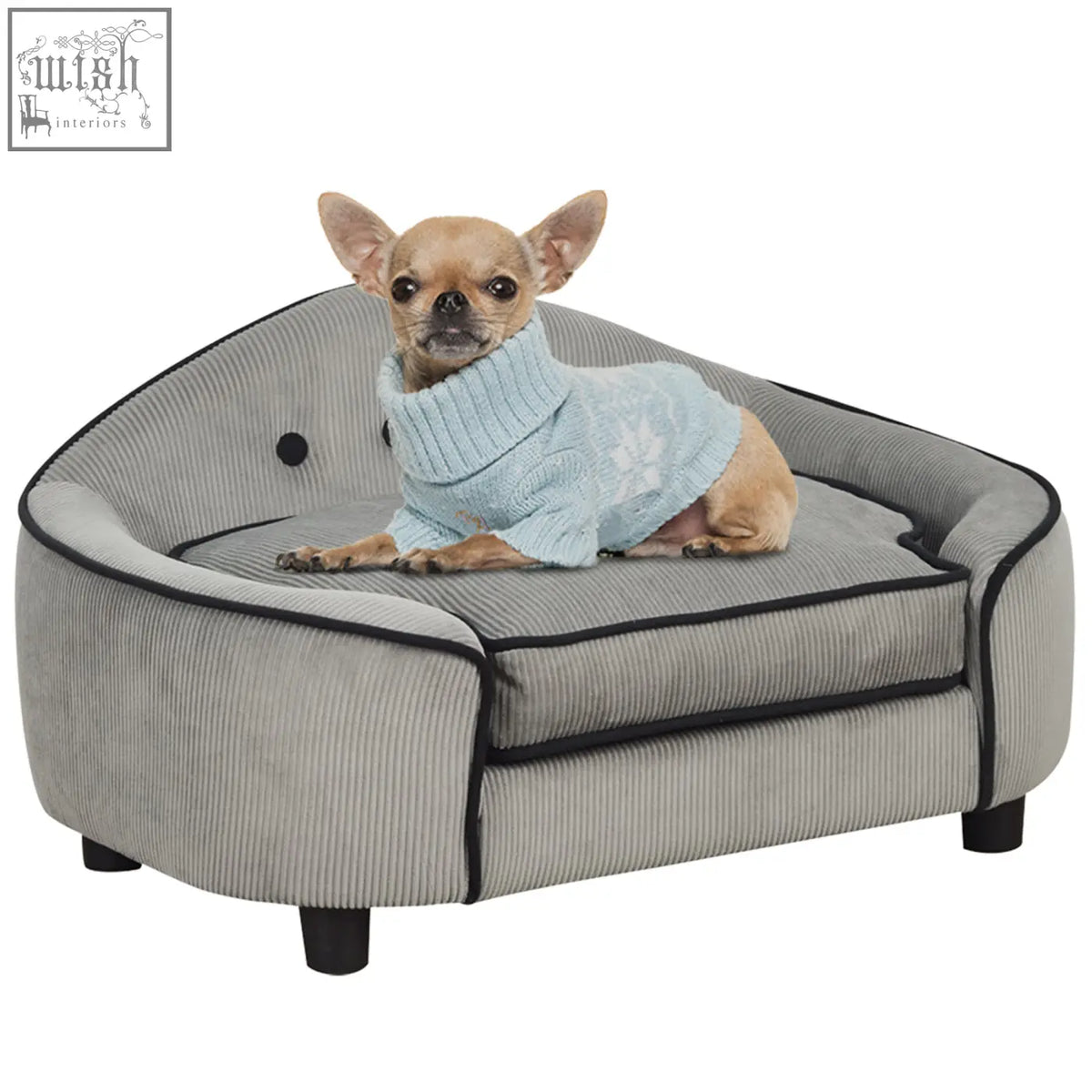Gray corduroy pawhut pet sofa with black piping, soft cushion, wooden frame, and washable cover for small dogs