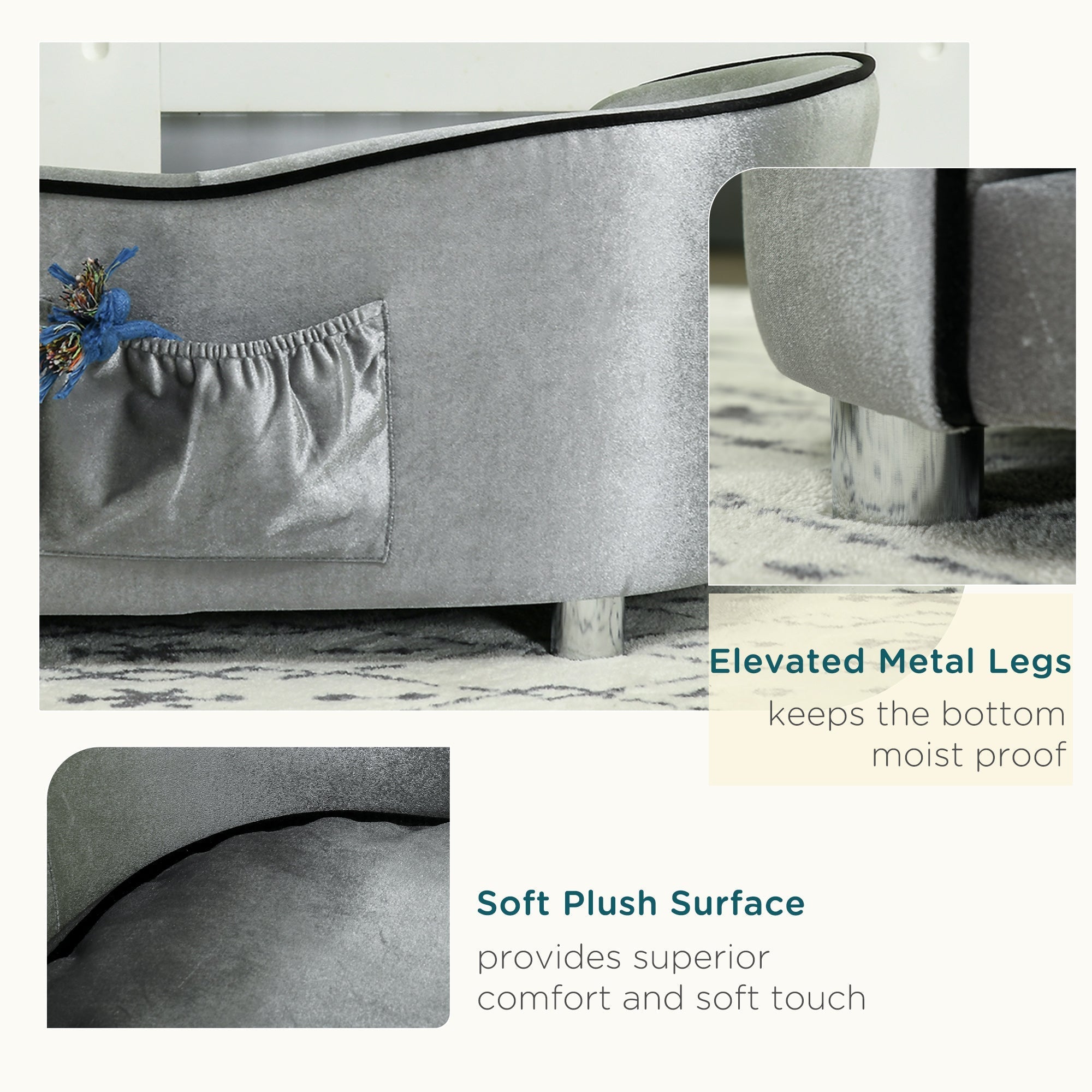 Silver velvet dog sofa with black trim and chrome legs perfect for miniature dogs by pawhut