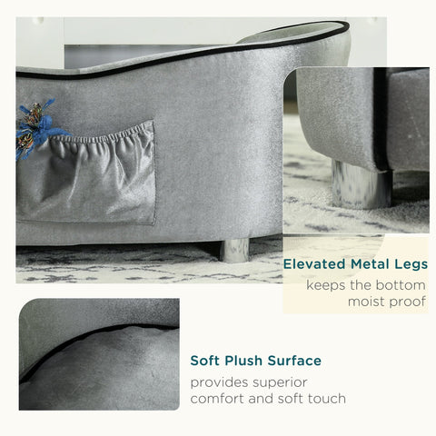 Silver velvet dog sofa with black trim and chrome legs perfect for miniature dogs by pawhut