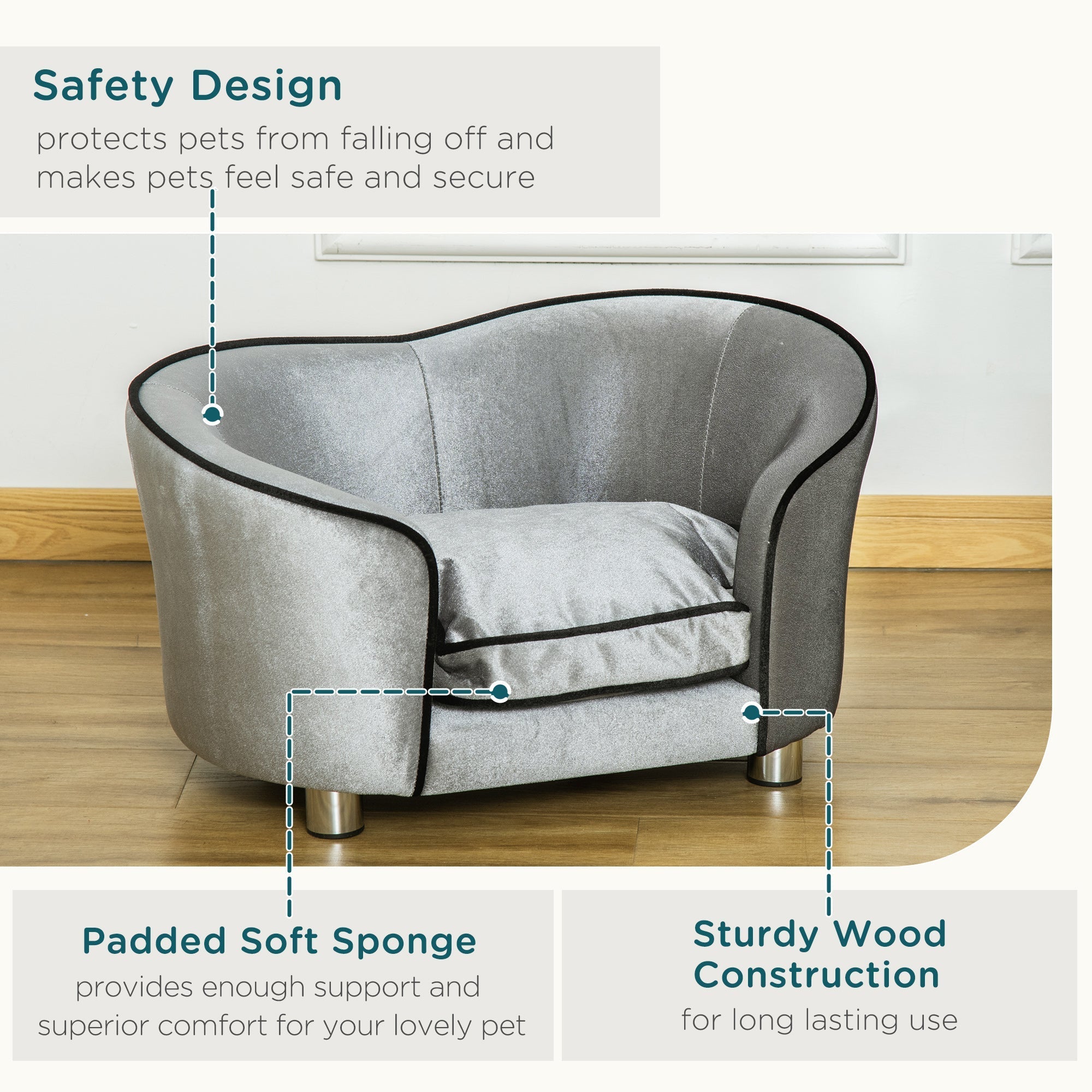 Gray plush dog sofa with black trim metallic legs wooden frame and removable cushion perfect for miniature dogs