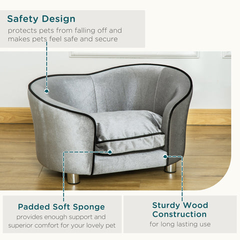 Gray plush dog sofa with black trim metallic legs wooden frame and removable cushion perfect for miniature dogs
